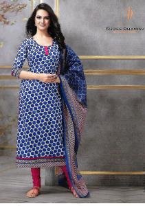 Salwar Suit- Pure Cotton with Self Print - Blue and White  (Un Stitched)